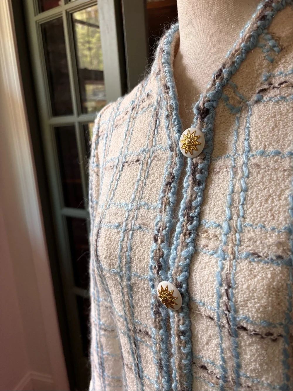 Vintage Adolfo Saks 2 Piece Wool Boucle Suit Set Plaid Skirt Jacket ILGWU USA